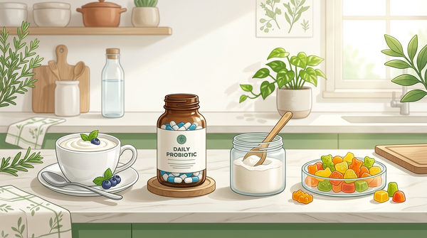 Store-bought probiotic formats compared, including yogurt, capsules, powder, and vegan probiotic gummies.