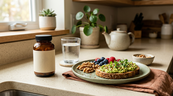 Fermented vitamin bottle beside a breakfast with avocado, walnuts, berries, toast, and water