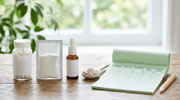 Probiotic formats arranged beside a worksheet comparing strain, route, potency, shelf life, and course cost.