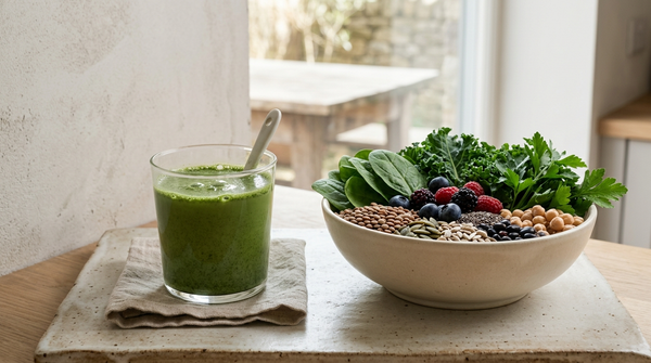 Green powder drink beside whole vegetables, fruit, legumes, and seeds for a super greens comparison