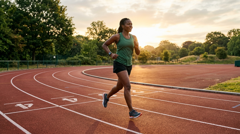 Recreational runner practicing an even-paced mile on an outdoor track at sunrise