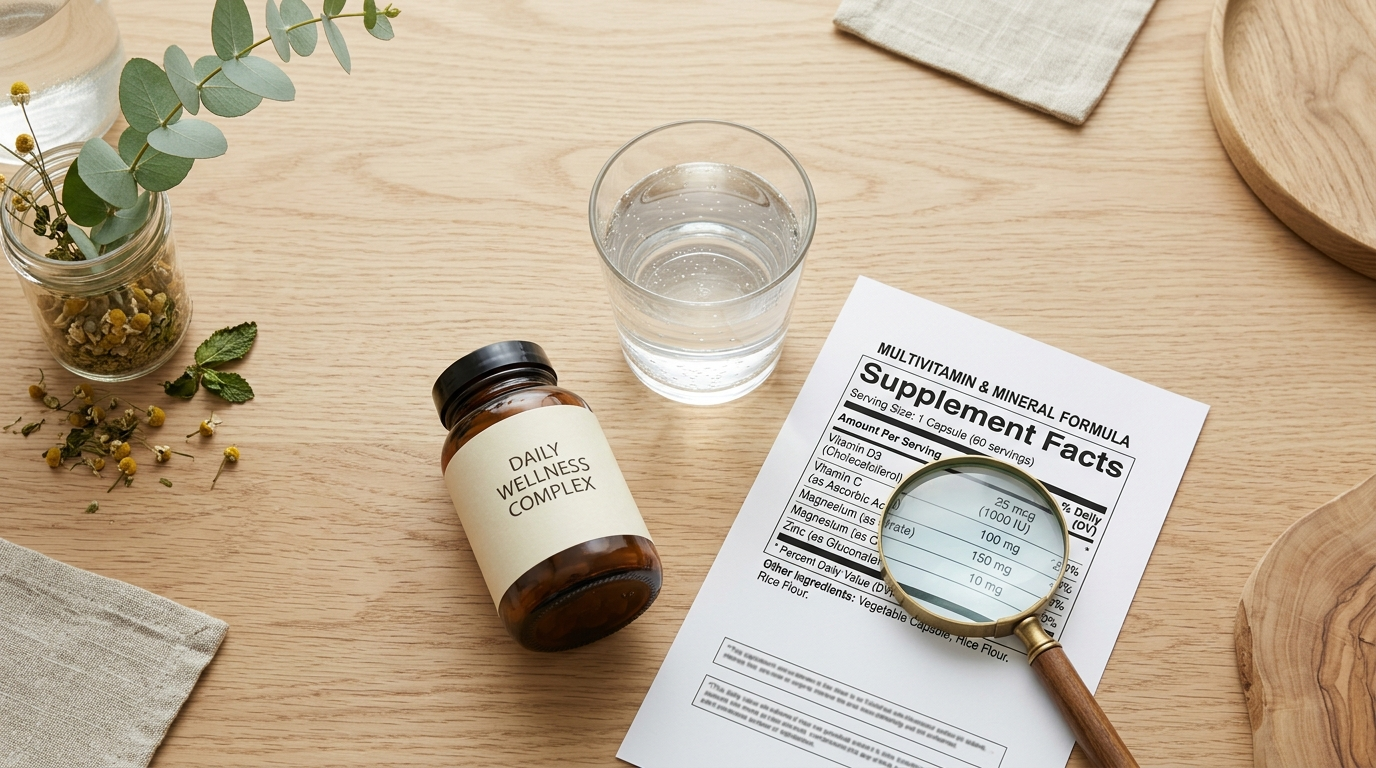 Supplement Facts label, magnifying glass, and glass of water arranged for comparing gut support supplements