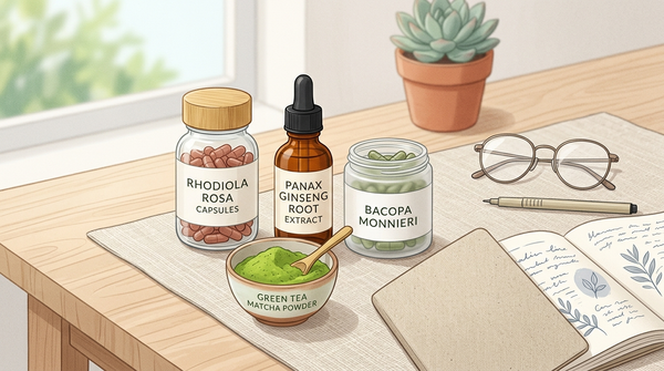 Herbal supplements for energy and focus arranged on a desk with a notebook and glasses