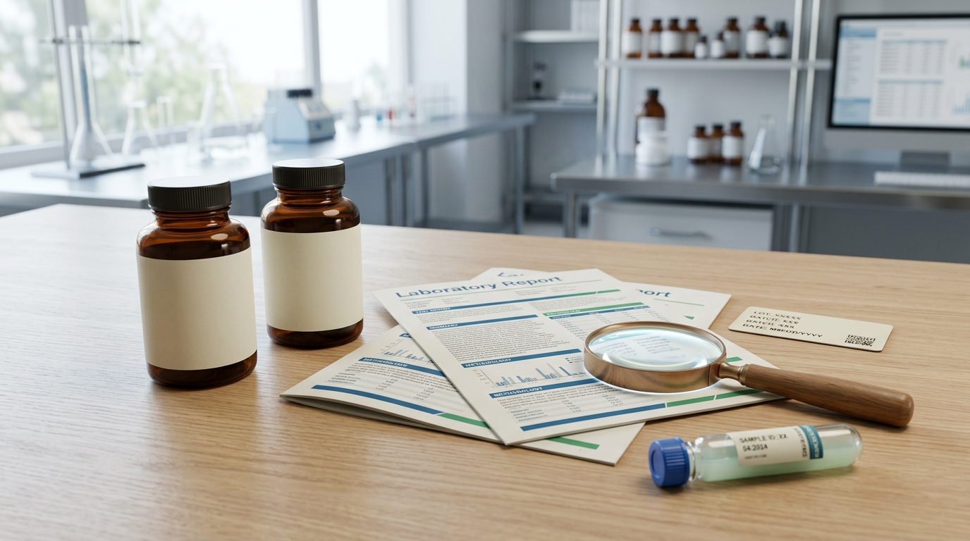 Supplement bottles, lot code, laboratory report, and sample vial used to verify third-party testing
