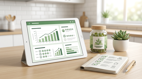 Customer satisfaction dashboard and supplement routine notes for a wellness brand.