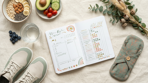 Cycle tracker, water, whole foods, walking shoes, and gentle heat arranged for a premenstrual bloating routine