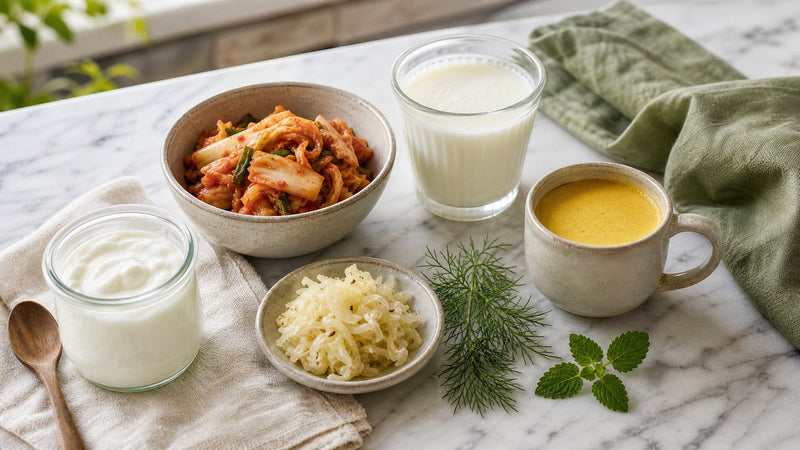 Editorial flat-lay photograph of store probiotics, natural light, no text