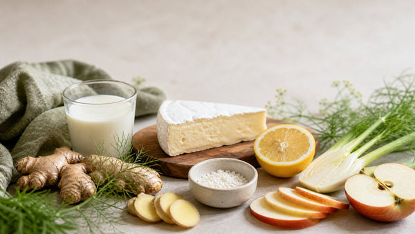 Editorial flat-lay photograph of lactase vs lactaid, natural light, no text