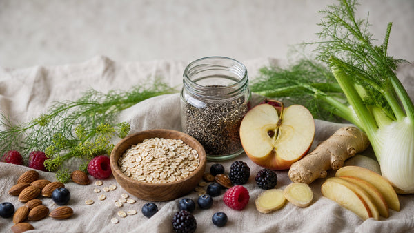 Editorial flat-lay photograph of morning vitamin routine, natural light, no text
