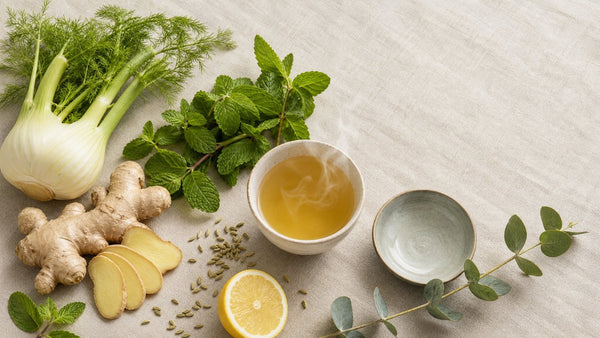 Editorial flat-lay photograph of natural bloating remedies reddit, natural light, no text