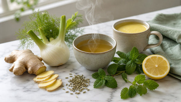 Editorial flat-lay photograph of products that support natural energy rhythms, natural light, no text