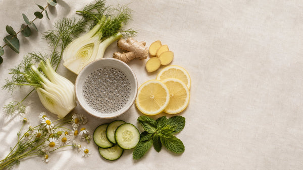 Editorial flat-lay photograph of vegan bloating supplement, natural light, no text
