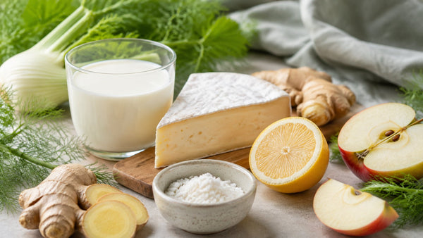 Editorial flat-lay photograph of when to take lactase, natural light, no text