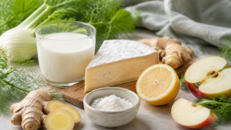 Editorial flat-lay photograph of when to take lactase, natural light, no text