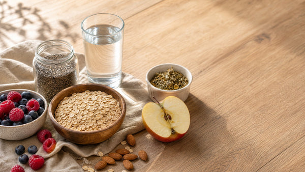 Editorial flat-lay photograph of when to take supplements, natural light, no text
