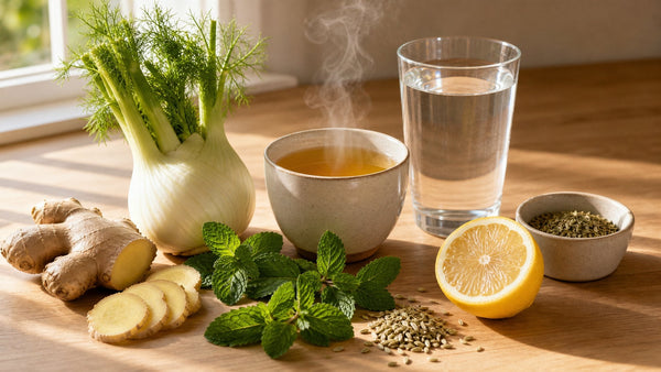 Kitchen still life for bloating relief: ginger root, fennel bulb, peppermint, lemon, fennel seeds, ginger tea