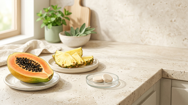 Papaya, pineapple, and two chewable digestive-enzyme tablets arranged on a kitchen counter.