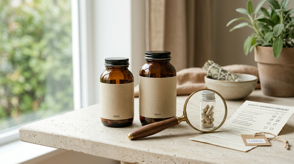 Generic supplement bottles beside a magnifying glass, laboratory vial, lot code, and third-party testing checklist