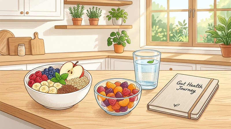 Gut-barrier support routine with fiber-rich foods, probiotic-format supplements, and a wellness notebook.