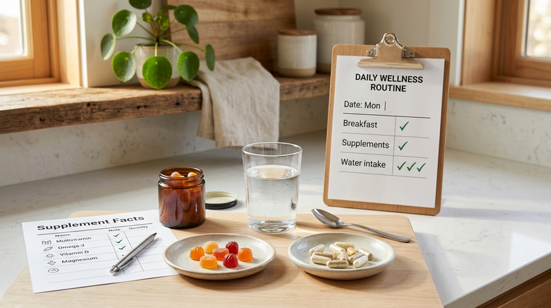 Gummies and pills compared beside a supplement label checklist and daily routine calendar.