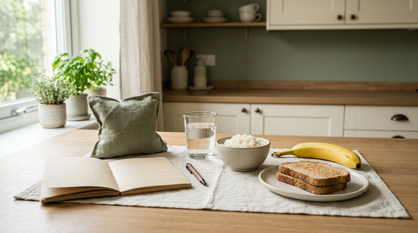 Water, gentle heat, simple foods, and a symptom notebook arranged for mild stomach-cramp self-care