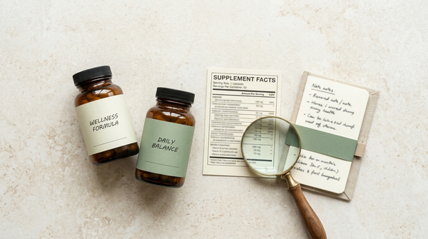 Magnifying glass beside generic supplement bottles and a Supplement Facts-style label for comparing vitamin information.