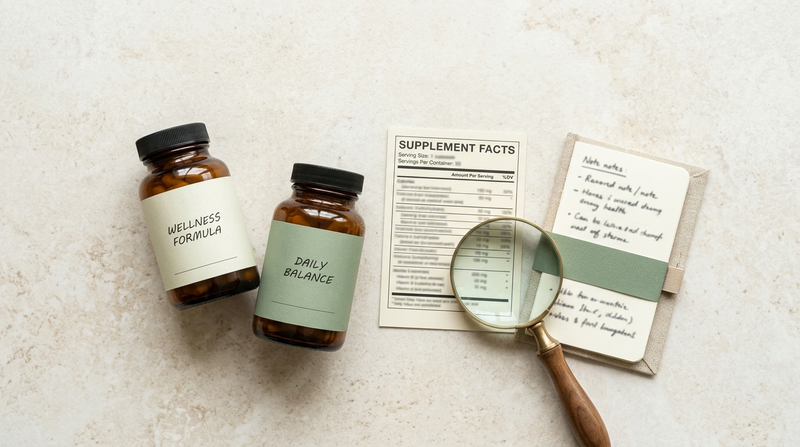 Magnifying glass beside generic supplement bottles and a Supplement Facts-style label for comparing vitamin information.