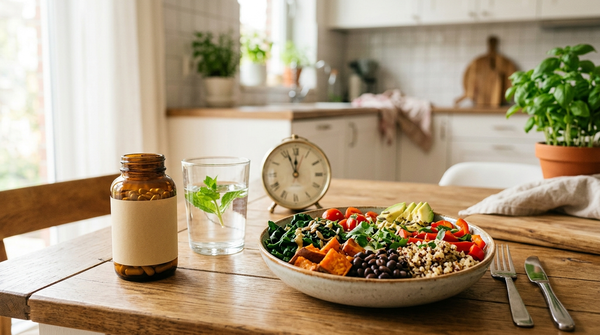 Digestive enzyme tablets beside a mixed meal and clock illustrating mealtime use