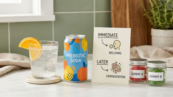 Prebiotic soda, carbonation bubbles, symptom timeline, and gummy formats arranged for a gas-tolerance comparison