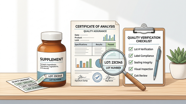 Supplement bottle beside a certificate of analysis and quality checklist.