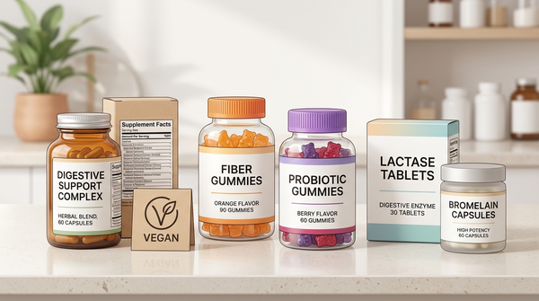 Clean-label digestive support supplements arranged with Supplement Facts and ingredient-check cues.