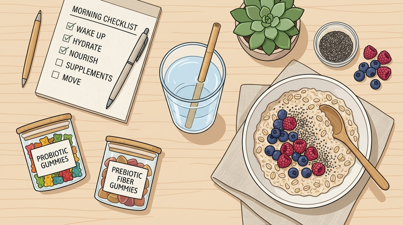 Probiotic gummies and prebiotic fiber gummies beside water, oats, berries, chia seeds, and a daily digestive routine checklist.