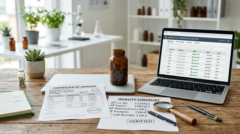 Supplement bottle, certificate, checklist, and laptop used to verify third-party testing claims.