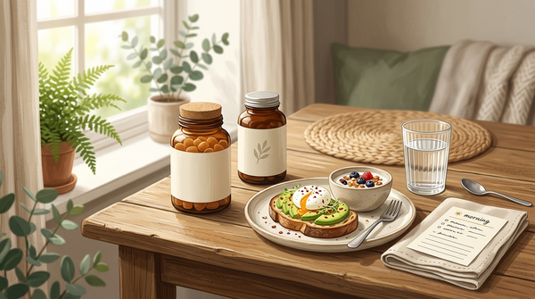 Probiotic gummies and a multivitamin arranged beside breakfast and a simple daily timing schedule