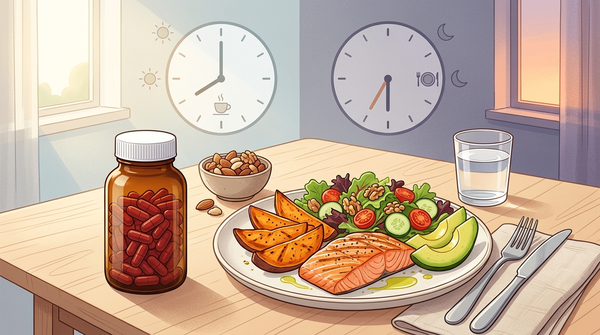Red yeast rice and CoQ10 capsules beside a meal with morning and evening timing cues
