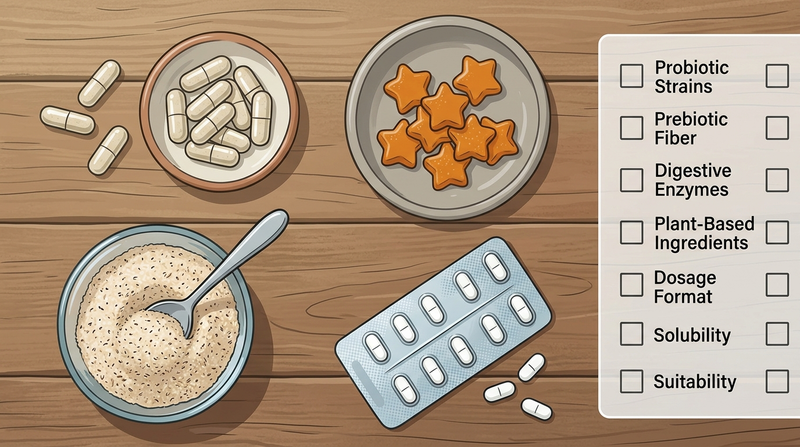 Probiotic capsule, vegan gummy, psyllium fiber, and lactase compared beside a supplement label checklist.