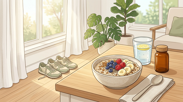 Caffeine-free energy routine with water, a balanced breakfast, morning sunlight, walking shoes, and a transparent supplement format.