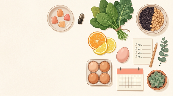 Prenatal gummy and capsule formats beside folate-rich foods and a nutrient checklist