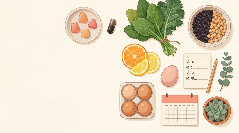 Prenatal gummy and capsule formats beside folate-rich foods and a nutrient checklist