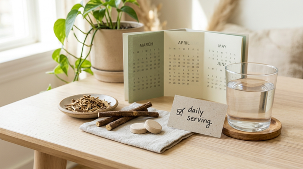 DGL licorice chewables, licorice root, and a calendar illustrating time-bounded daily use.