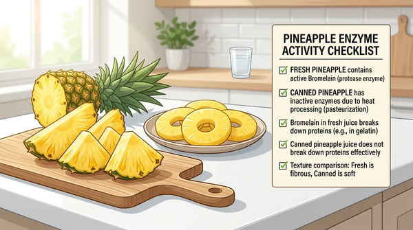 Fresh and canned pineapple shown with a bromelain enzyme activity checklist.