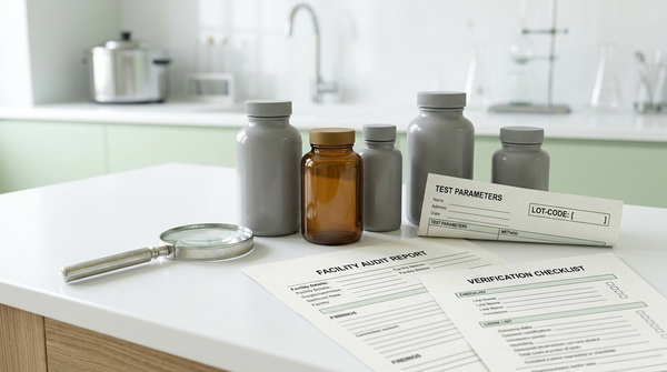Supplement bottle, lot code, laboratory report, and checklist used to verify third-party testing claims.