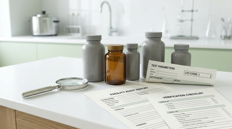 Supplement bottle, lot code, laboratory report, and checklist used to verify third-party testing claims.