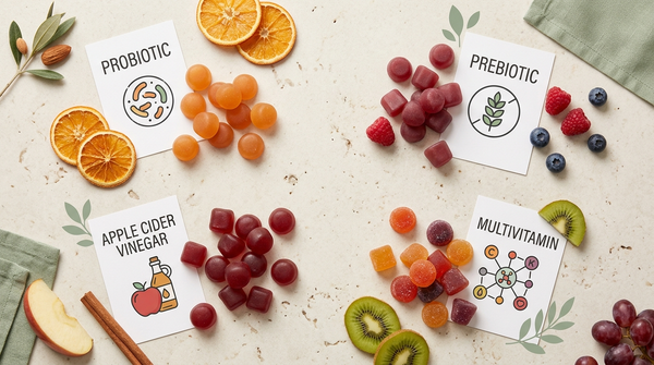 Four plant-based gummy categories arranged with cards for CFU, fiber, vitamins, and apple cider vinegar