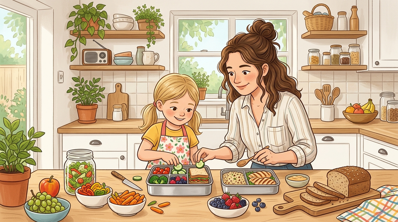 Parent and child building a healthier meal together in a calm kitchen routine.
