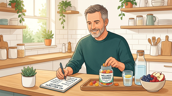 Man over 50 comparing probiotic gummy routine criteria at a kitchen counter
