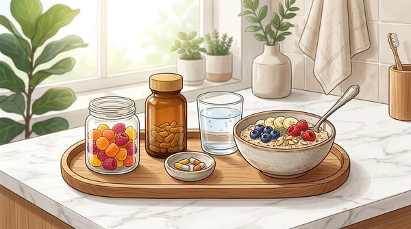 Probiotic gummies and vitamins arranged with water and breakfast for a daily routine.