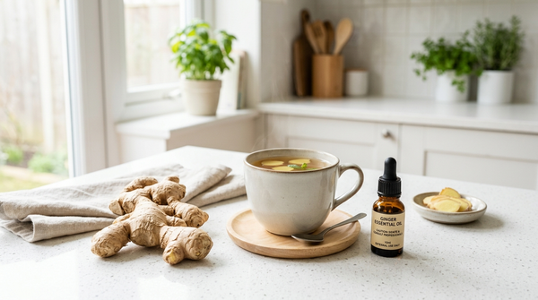Fresh ginger tea beside an amber essential oil bottle illustrating safer ginger choices.