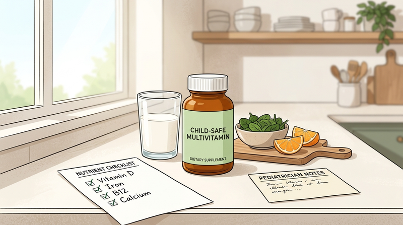 Parent checklist comparing vitamin D, iron, B12, and calcium for a 12-year-old with food-first nutrition.