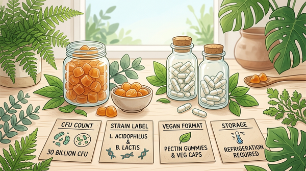 Plant-based probiotic gummies and capsules arranged with cards for CFU, strain labeling, vegan format, and storage.